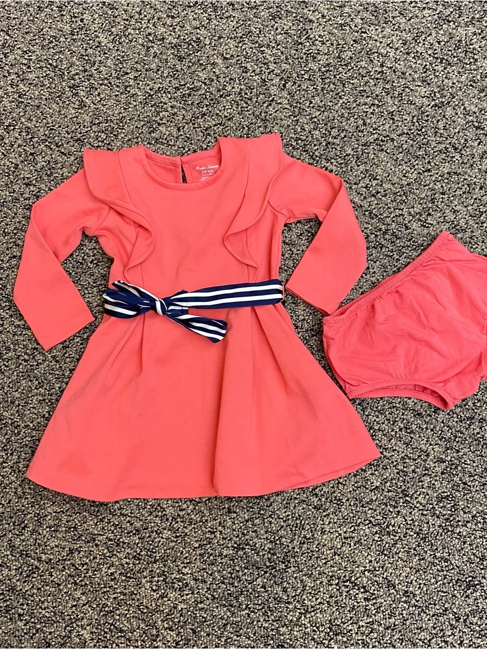 Ralph Lauren Coral Pink Ruffle Long Sleeve Dress Set with Belt Size 12 Months